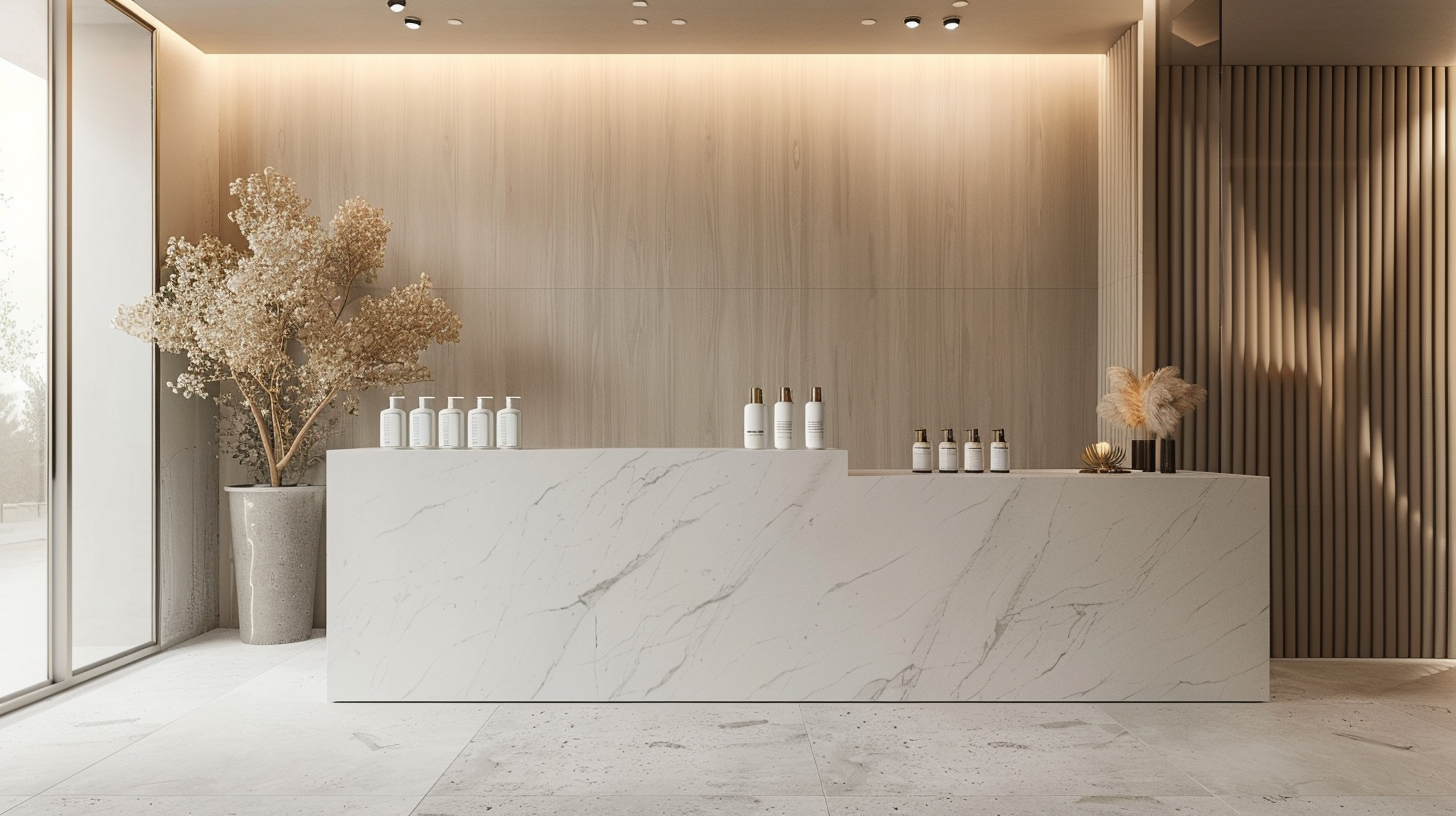 Premium minimalist clinic reception with white marble counter and warm wood interior