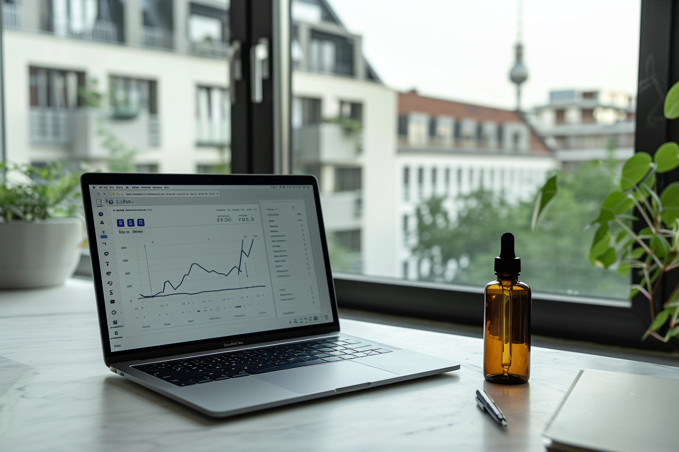 Laptop showing an ecommerce analytics dashboard next to skincare products on a marble desk