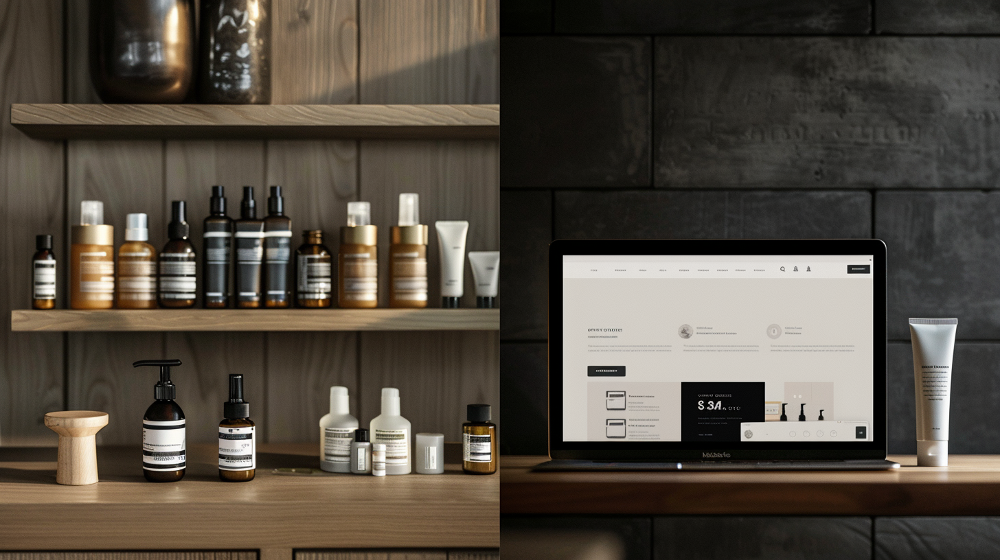 Editorial split: amber skincare bottles on a wooden shelf next to a laptop showing an ecommerce store